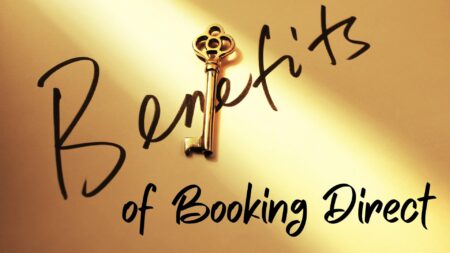 A gold background with words that say Benefits of Booking Direct along with a gold key