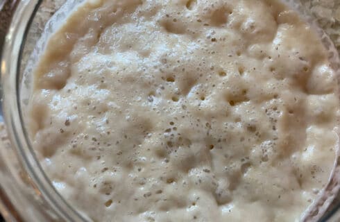 A bubbly liquid (sourdough starter) in a clear jar.